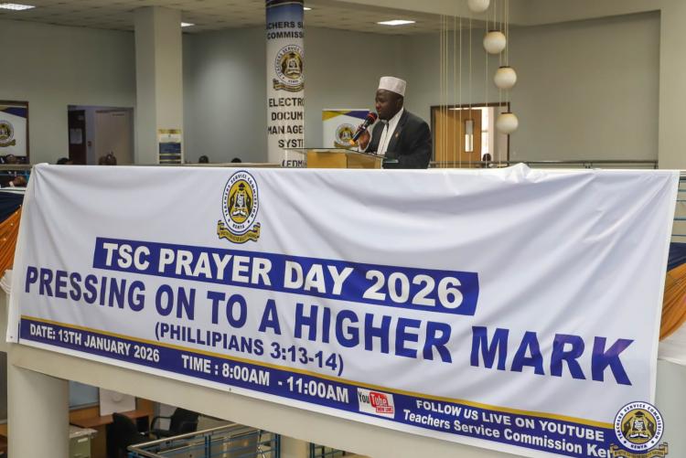 Dr. Hassan Kinyua Omari delivers an address during TSC Prayer Day 2026 under the theme “Pressing on to a Higher Mark” (Philippians 3:13–14), at TSC House Headquarters, Nairobi.