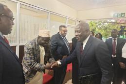 Dr. Hassan Kinyua Omari greets Dr. James Mwangi, CBS, during the Equity Leadership Program (ELP) Scholars Dedication – Class of 2026 at Sportsview Hotel, Kasarani, Nairobi (17 February 2026).